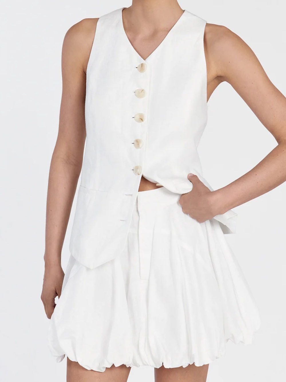 New DISSH Maria High Rise Balloon Hem White Linen Cotton Mini Skirt Boho